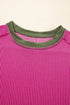 Retro Vibe Contrast Trim Corded Knit Short Sleeve Top